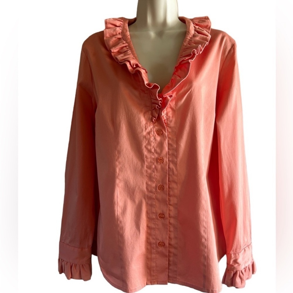 Soft Surroundings peach color, long sleeve blouse with ruffled collar size L